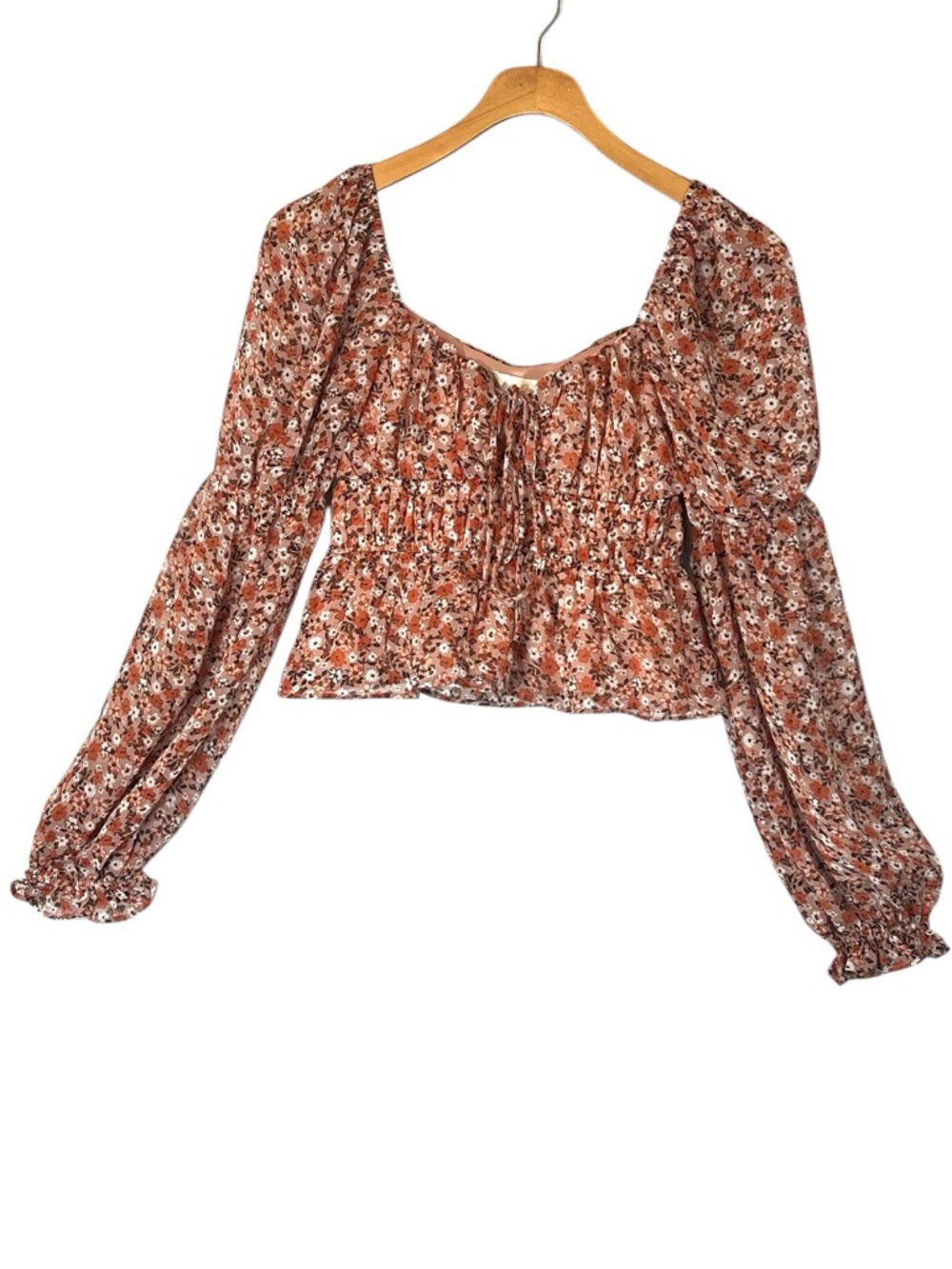 Altar'd State Karly Floral Peasant Tie-Front Crop Top Size XS Rust Multi Prairie